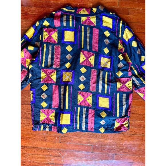 Vintage 90’s Chico’s Silk Black Pink Embellished Windbreaker Jacket Small Med - Picture 5 of 7